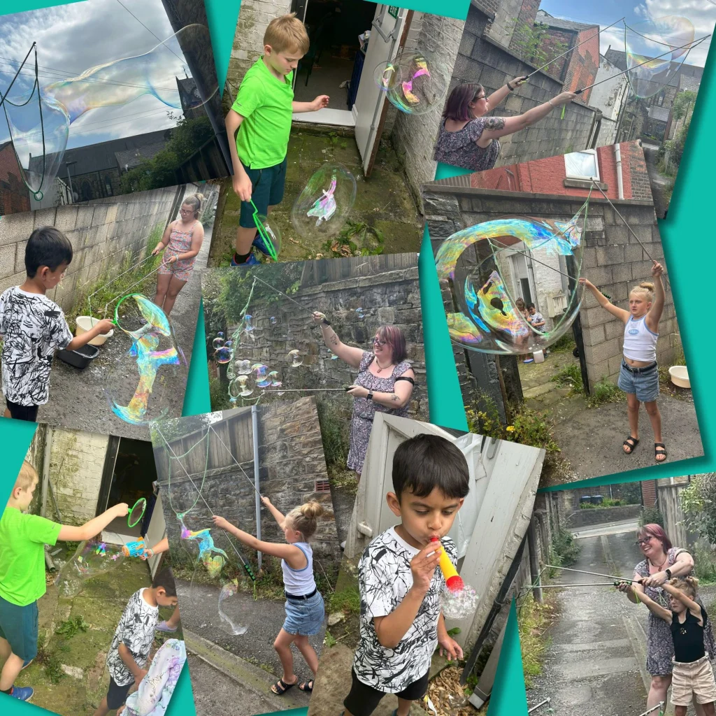 Collage of children playing with giant bubbles outdoors