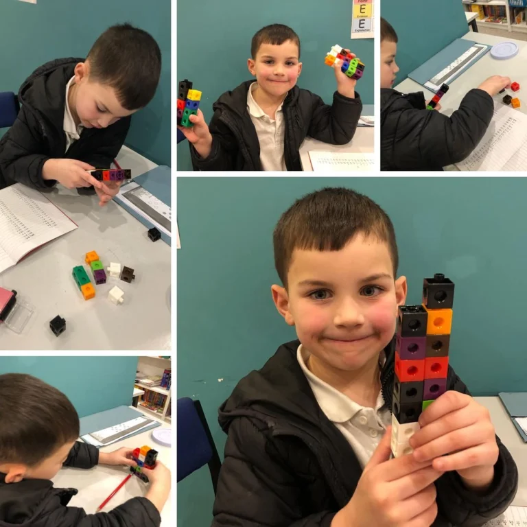 Collage of a boy building towers of counting cubes for mental calculation
