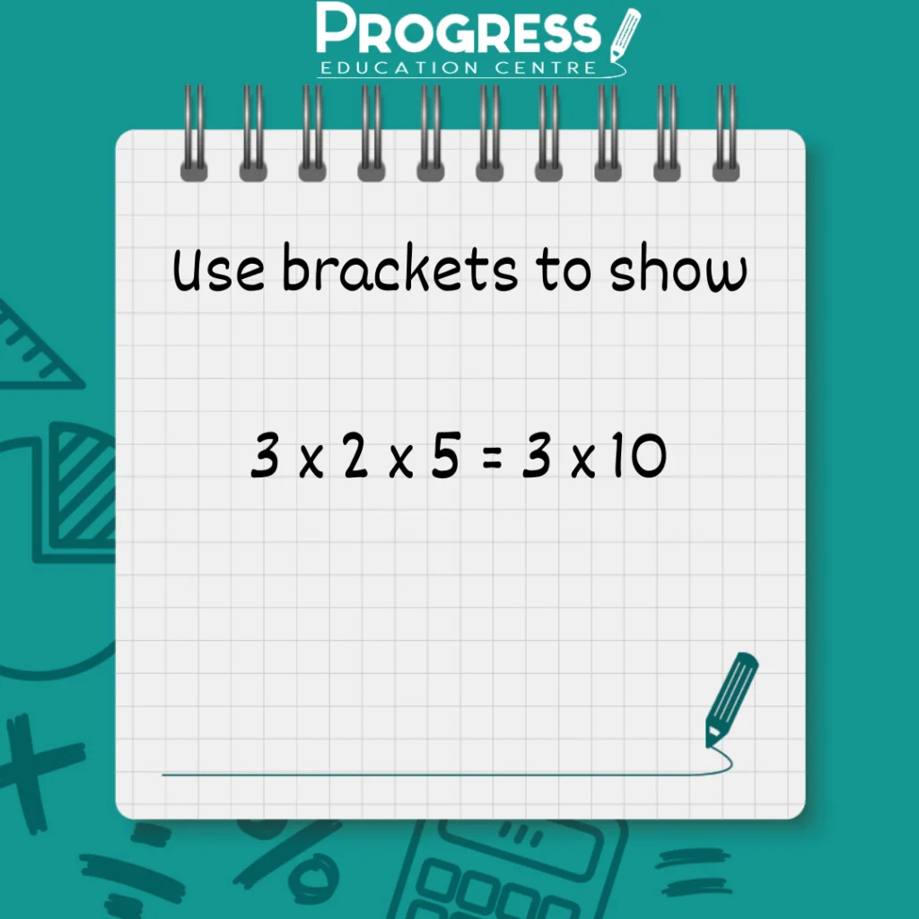 Maths puzzle graphic: use brackets to show 3 x 2 x 5 = 3 x 10