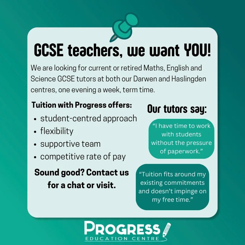 Recruitment graphic: GCSE teachers, we want you, for Maths, English and Science tutors at Darwen and Haslingden